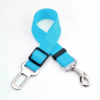 Sky blue adjustable dog seat belt by Belro, automotive safety harness for secure pet travel in cars.