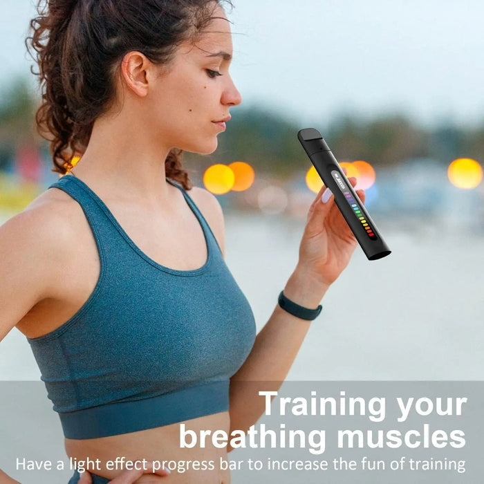 Belro Smart Breathing Trainer for respiratory muscle training, with guided assistant for athletes, shown in use.