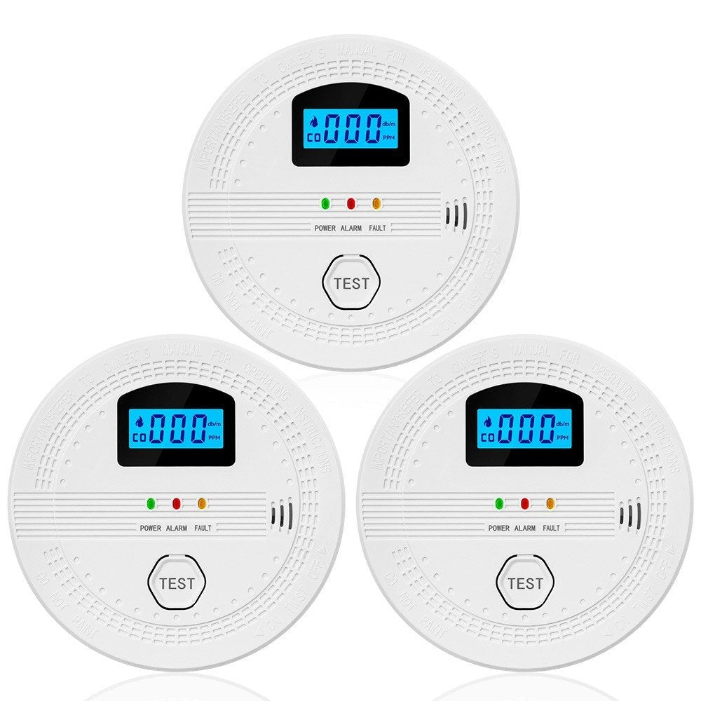 GETDECO smart smoke and carbon monoxide detector with LCD display mounted on a wall, showcasing safety features and digital interface.