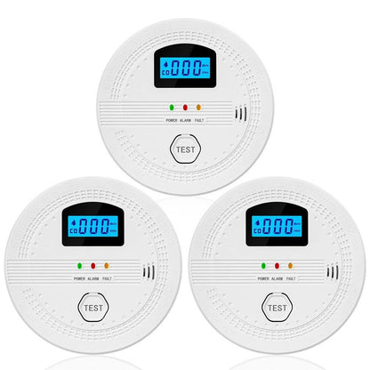 GETDECO smart smoke and carbon monoxide detector with LCD display mounted on a wall, showcasing safety features and digital interface.