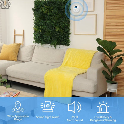 GETDECO smart smoke and carbon monoxide detector with LCD display, mounted on a ceiling for home safety monitoring.