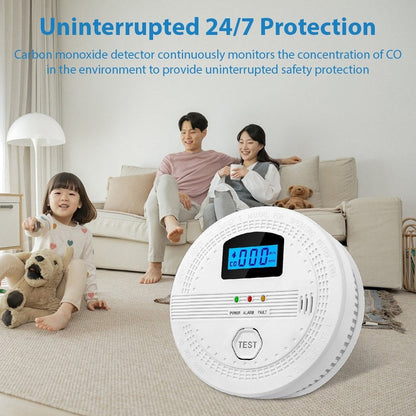 GETDECO smart smoke and carbon monoxide detector with LCD display, mounted on a wall for home safety monitoring.