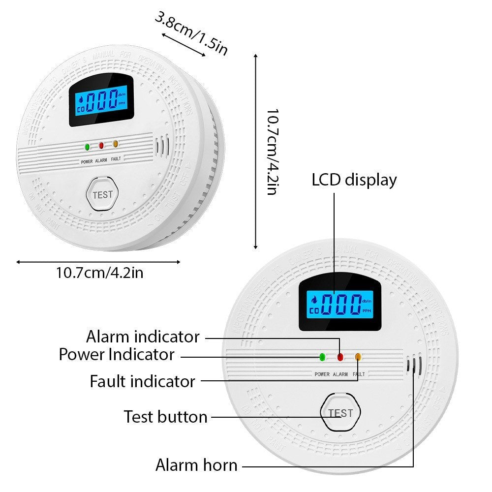 GETDECO smart smoke and carbon monoxide detector with LCD display, mounted on a wall, showcasing safety features and digital readout.