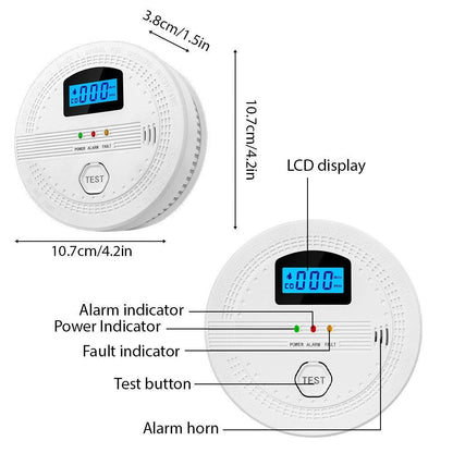GETDECO smart smoke and carbon monoxide detector with LCD display, mounted on a wall, showcasing safety features and digital readout.