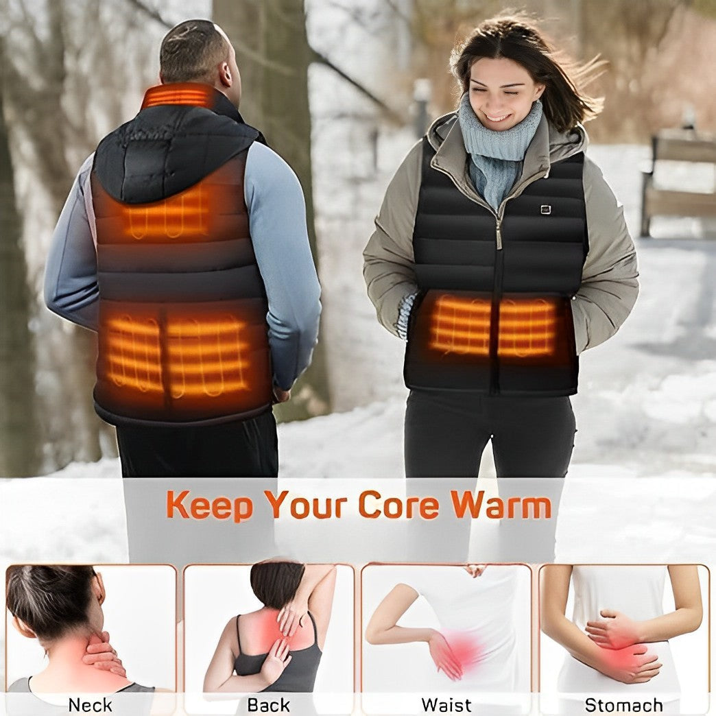 Belro unisex heated vest, a stylish activewear clothing piece with visible heating panels and a front zipper for warmth and comfort.