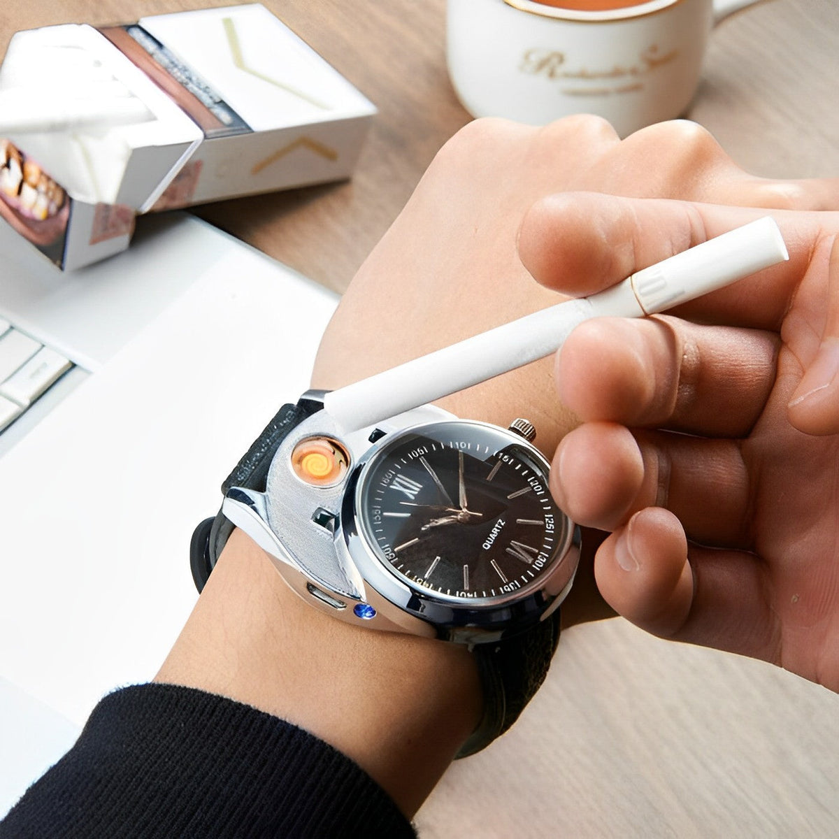 Belro USB rechargeable cigarette lighter watch with digital display and sleek black design, combining timekeeping with a portable lighter.