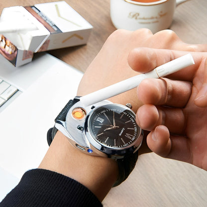 Belro USB rechargeable cigarette lighter watch with digital display and sleek black design, combining timekeeping with a portable lighter.