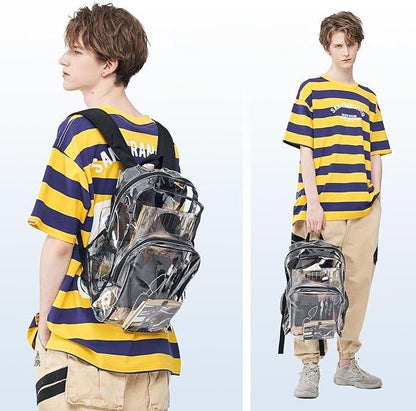 Clear heavy-duty backpack by Belro with adjustable straps and multiple compartments, designed for durable everyday use.