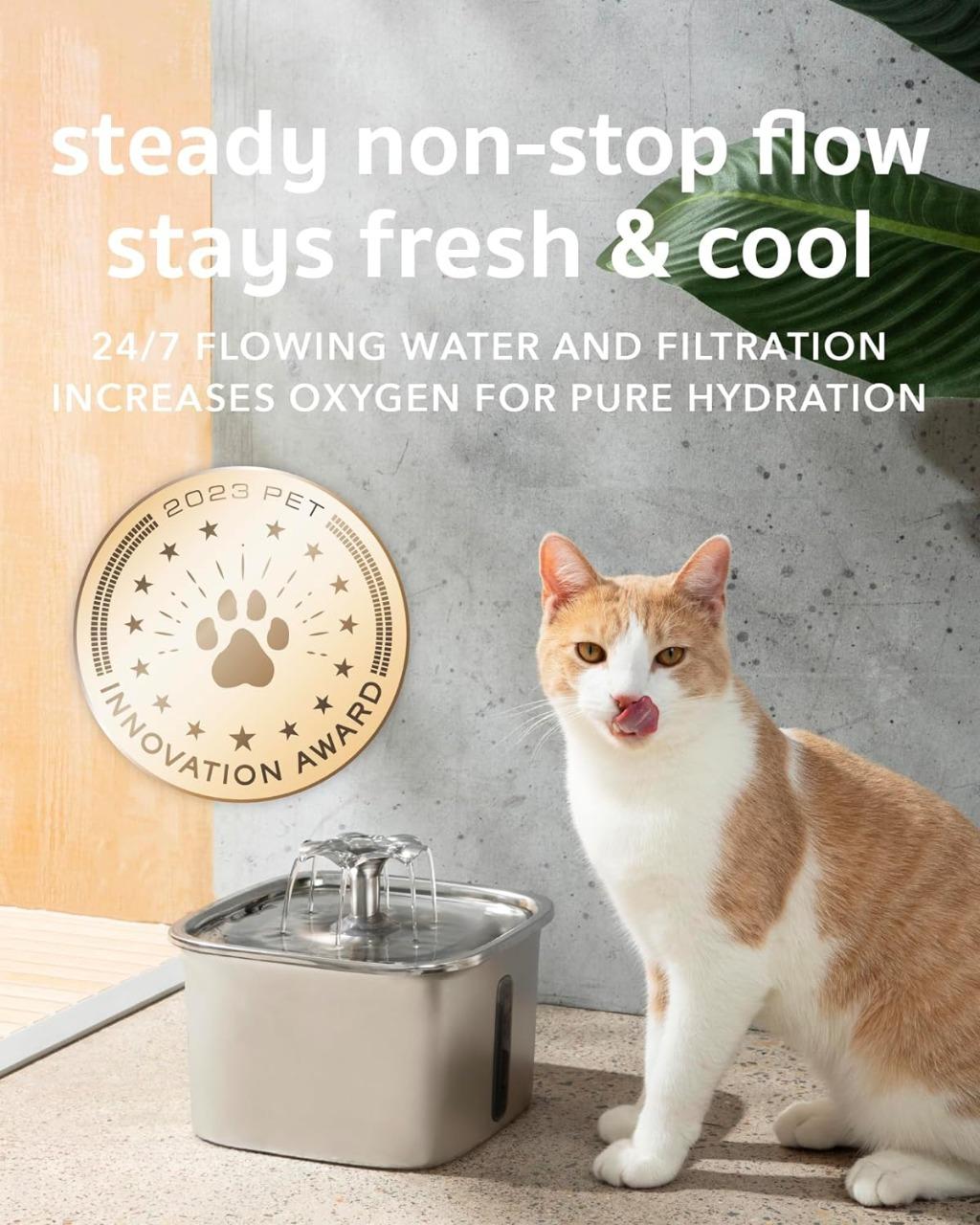 Belro stainless steel cat water fountain with flowing water, designed for pet hydration and easy cleaning.