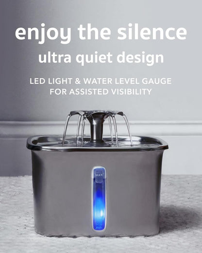 Belro stainless steel cat water fountain with flowing water, designed for pet hydration and easy cleaning.