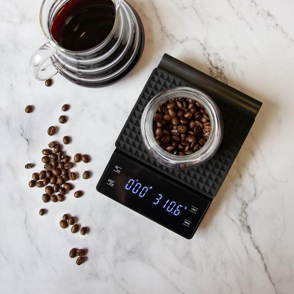 Belro coffee scale with timer, measuring tools for precise brewing, featuring digital display and sleek design.