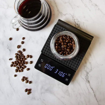 Belro coffee scale with timer, measuring tools for precise brewing, featuring digital display and sleek design.