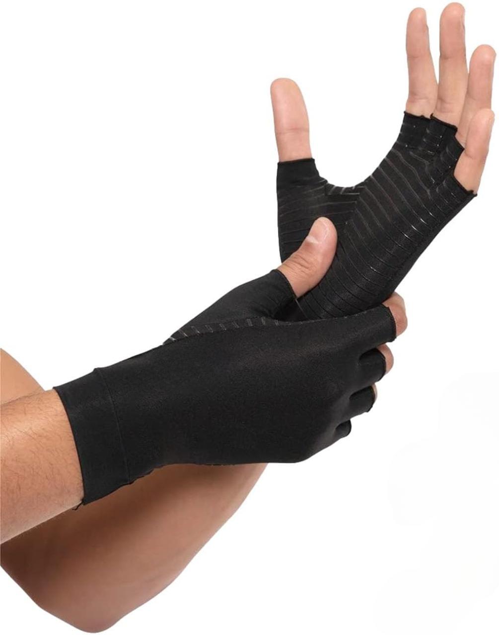 Belro compression arthritis gloves, soft supportive accessories for hand pain relief, shown on hands in the image.