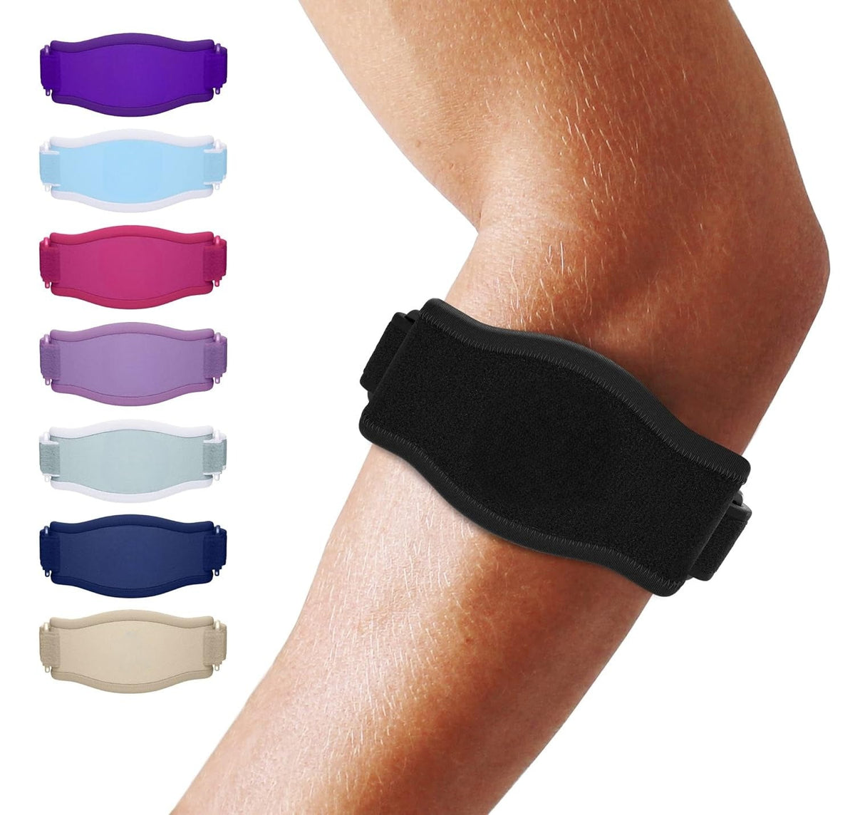 Belro tennis elbow brace attached to arm, designed as a supportive accessory for elbow pain relief and stability.