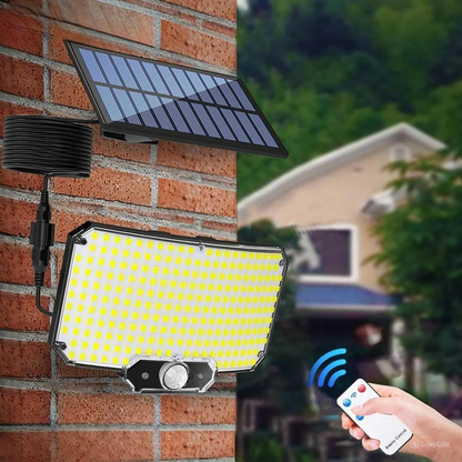 Belro motion sensor flood lights mounted outdoors in a garden, providing automatic illumination for home security and landscape lighting.