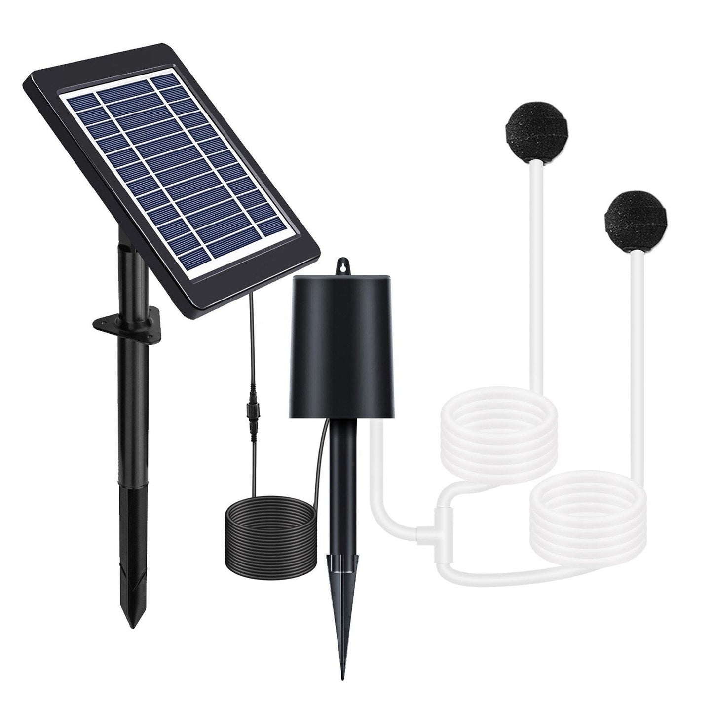 Solar pond aerator with 4W air pump, 3 modes, includes pipe and air stones, quiet operation for ponds, stock tanks, and hydroponics.