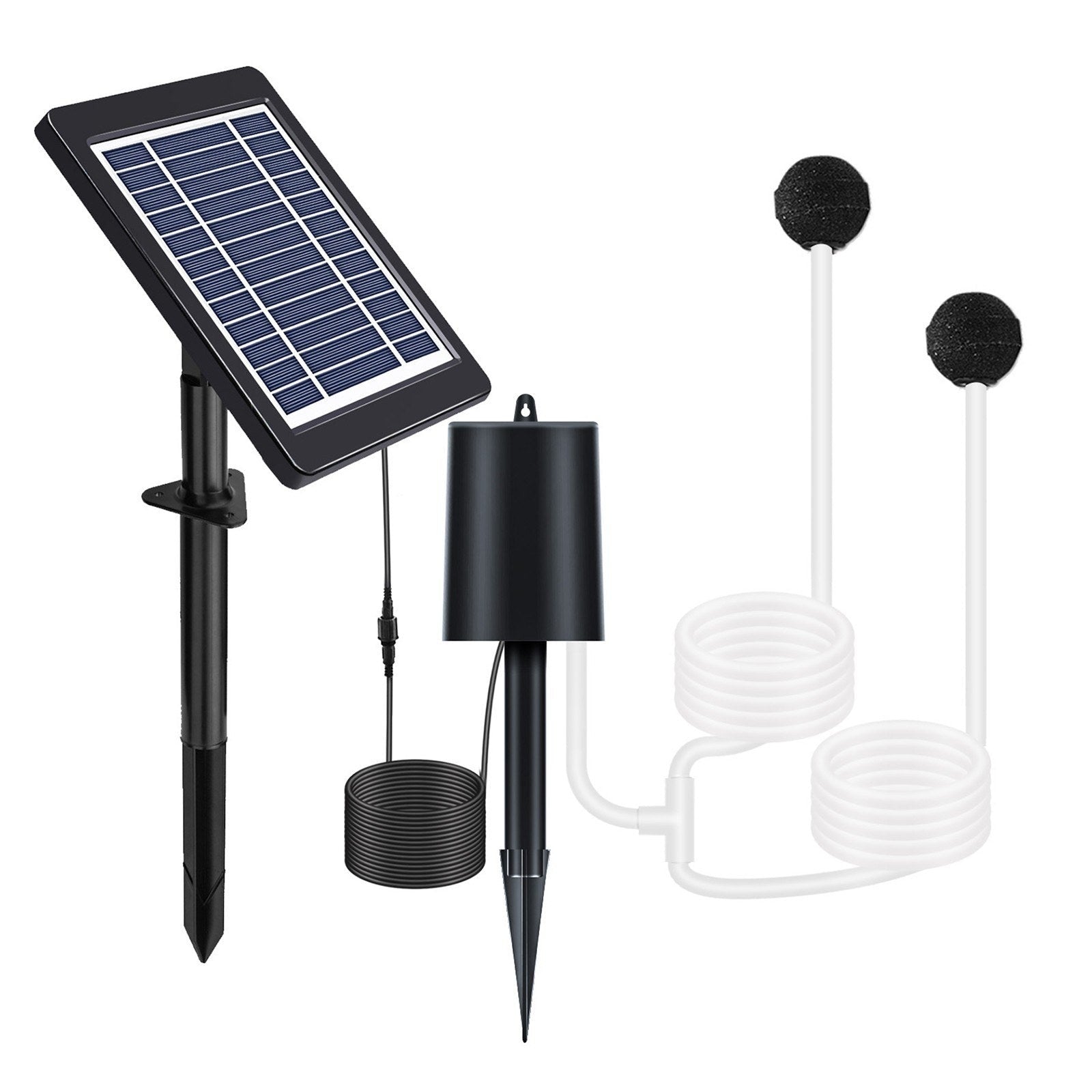 Solar pond aerator with 4W air pump, 3 modes, includes pipe and air stones, quiet operation for ponds, stock tanks, and hydroponics.