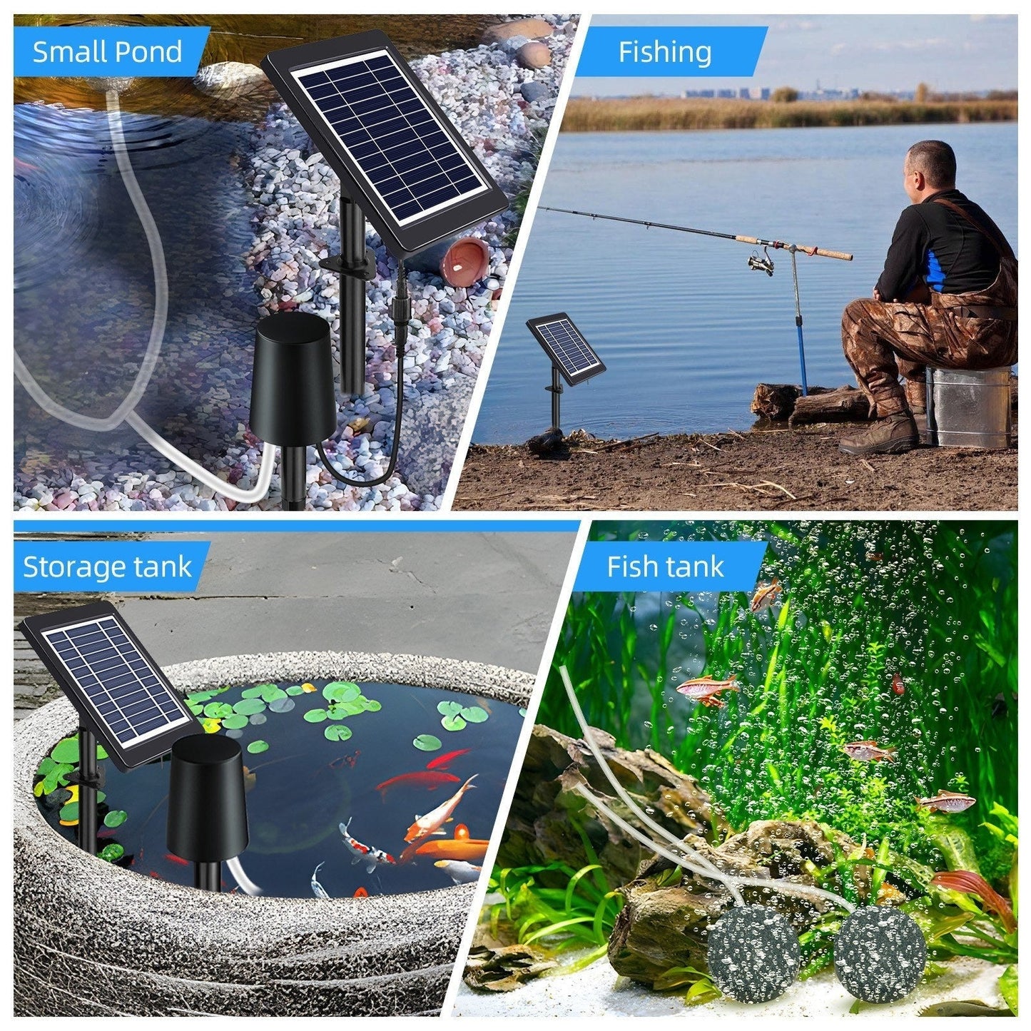 GETDECO solar pond aerator with 4W air pump, 3 modes, quiet operation, includes pipe and 2 air stones for pond or hydroponics