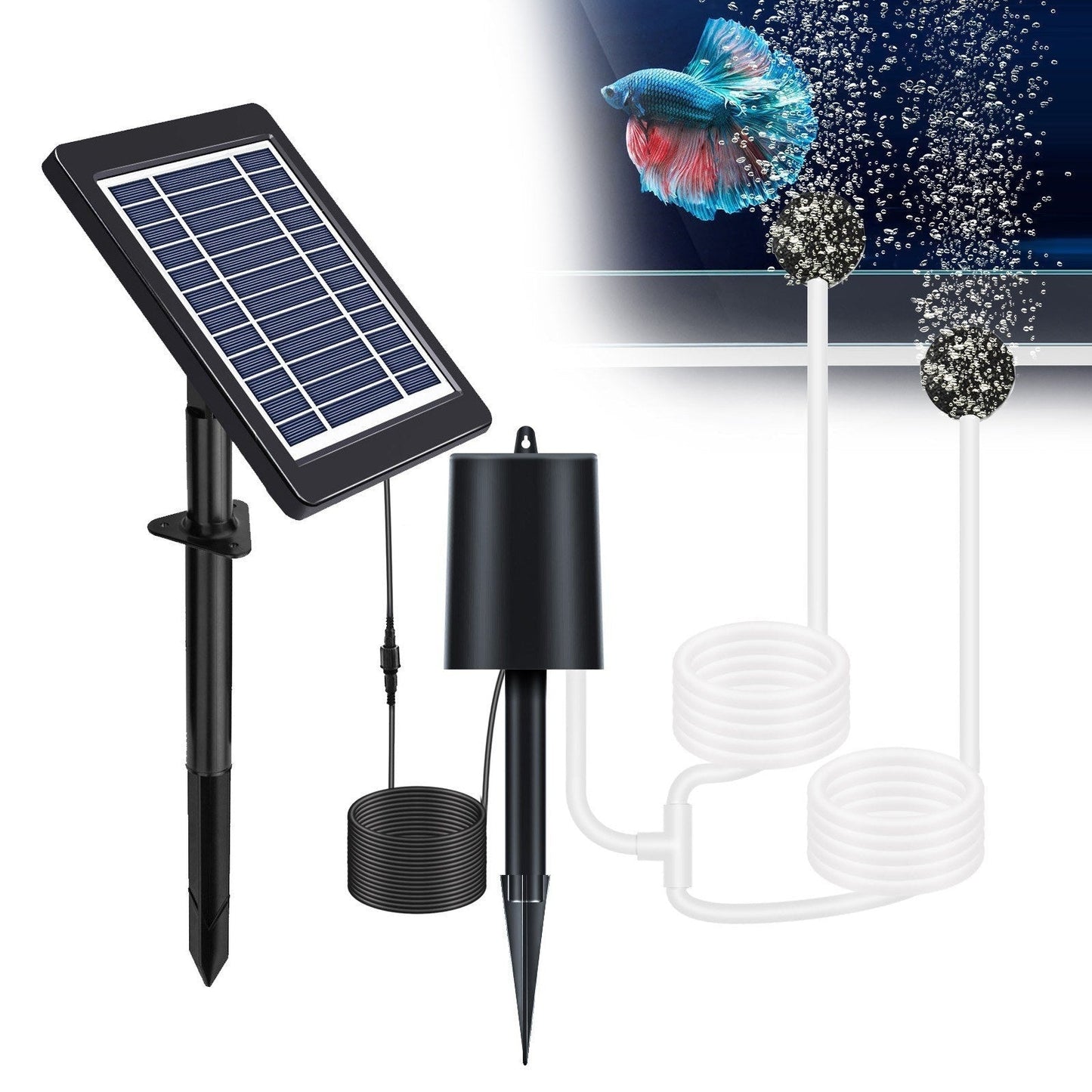 GETDECO solar pond aerator with 4W air pump, three modes, no noise, includes pipe and air stones for pond, tank, or hydroponics