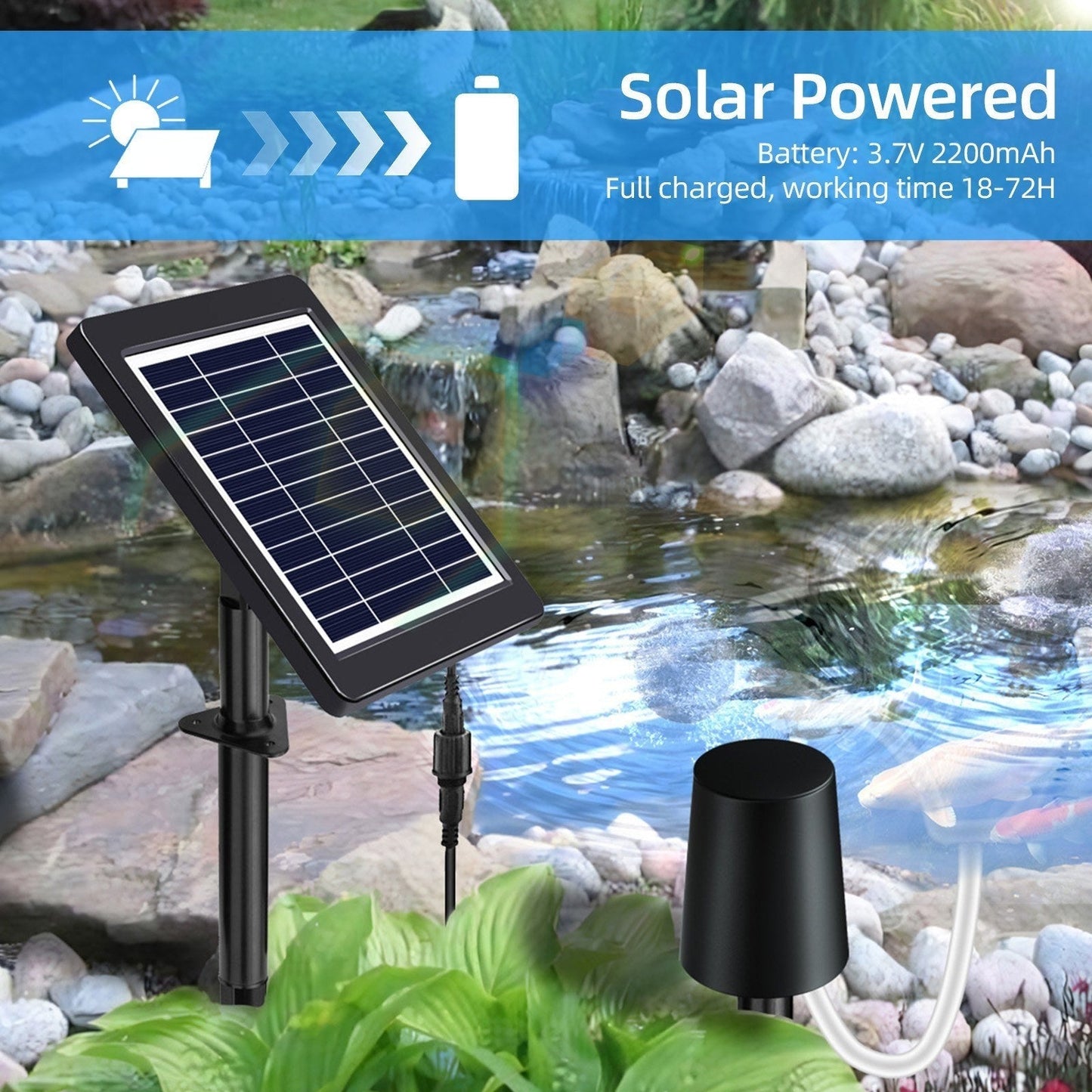 GETDECO solar pond aerator with 4W air pump, three modes, no noise, includes pipe and air stones for pond, stock tank, or hydroponics