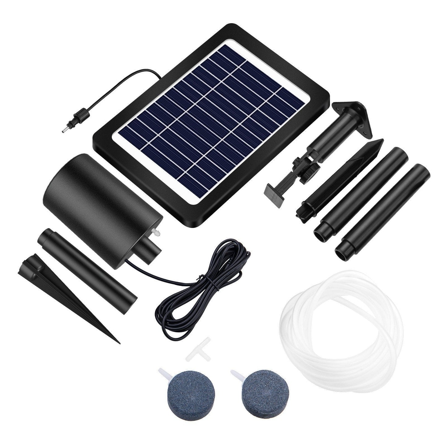 Solar pond aerator with 4W air pump, three modes, includes pipe and air stones for pond, stock tank, or hydroponics.