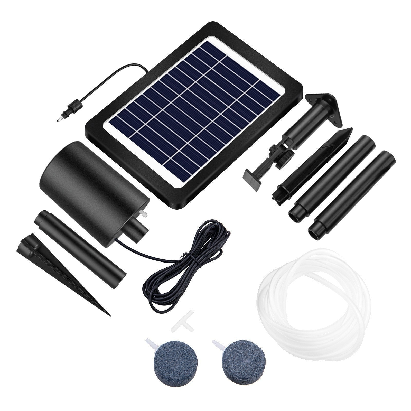 Solar pond aerator with 4W air pump, three modes, includes pipe and air stones for pond, stock tank, or hydroponics.