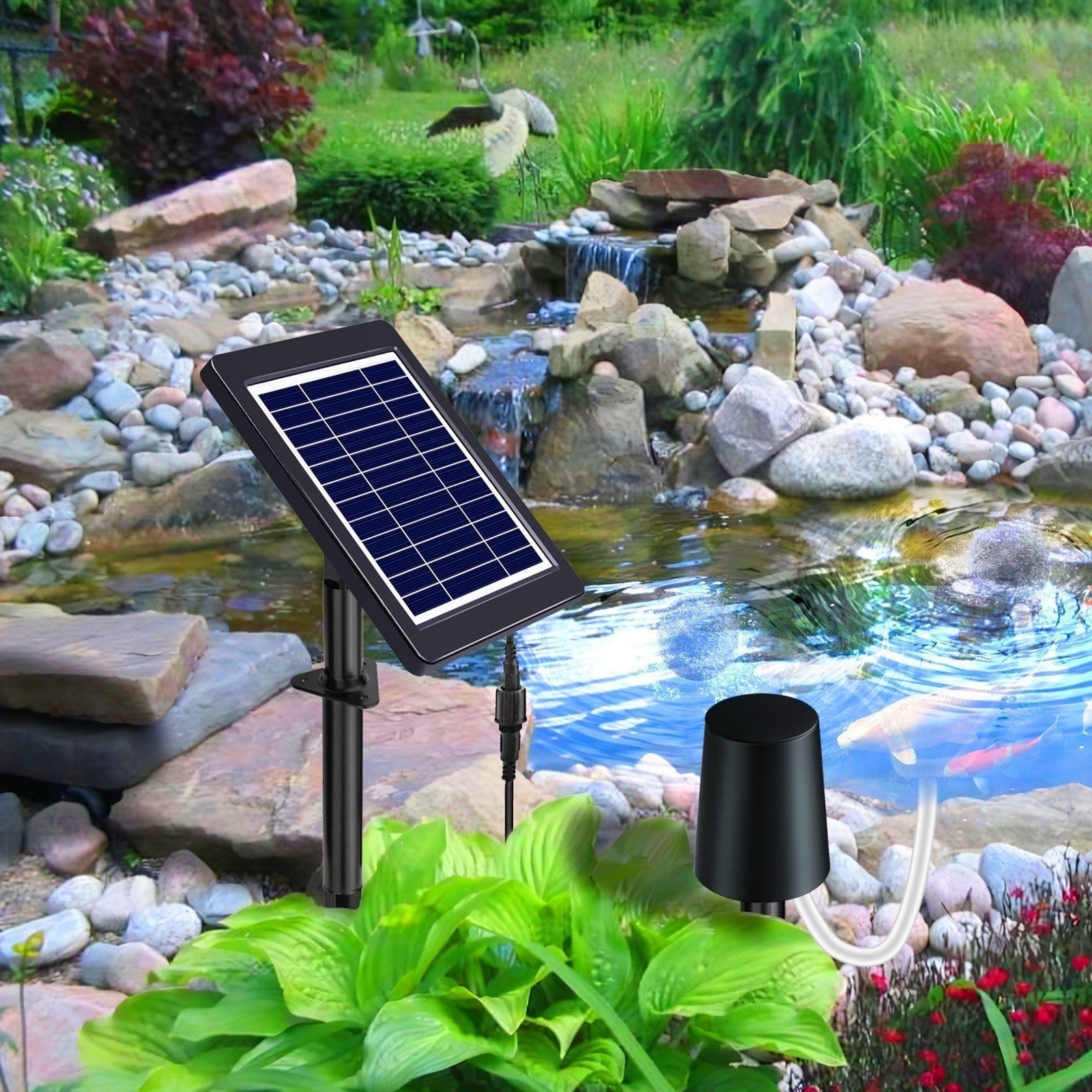 GETDECO Solar Pond Aerator with 4W air pump, three modes, includes pipe and air stones for pond, stock tank, or hydroponics.