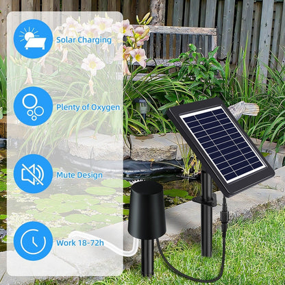 GETDECO solar pond aerator with 4W air pump, 3 modes, includes pipe and air stones for pond, tank, or hydroponics.