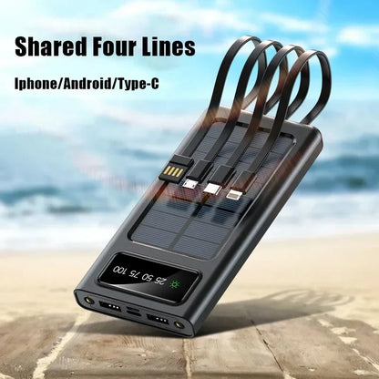 Belro 20000mAh solar power bank with multiple USB ports and built-in solar panels for portable charging.