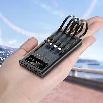 Belro Solar Power Bank 20000mAh portable charger with solar panels, black and compact for on-the-go device charging.
