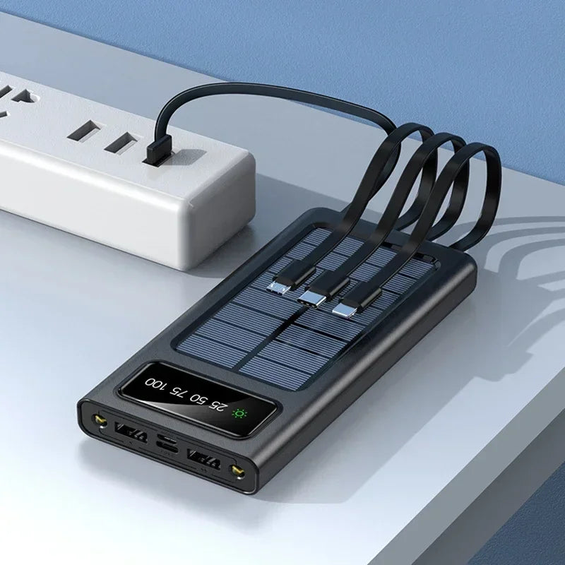 Belro Solar Power Bank 20000mAh with built-in solar panel and multiple USB ports for portable charging on the go.