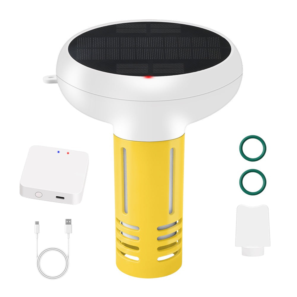 GETDECO solar-powered Zigbee pool water quality tester showing a floating smart monitor with digital display for pH, chlorine, and more