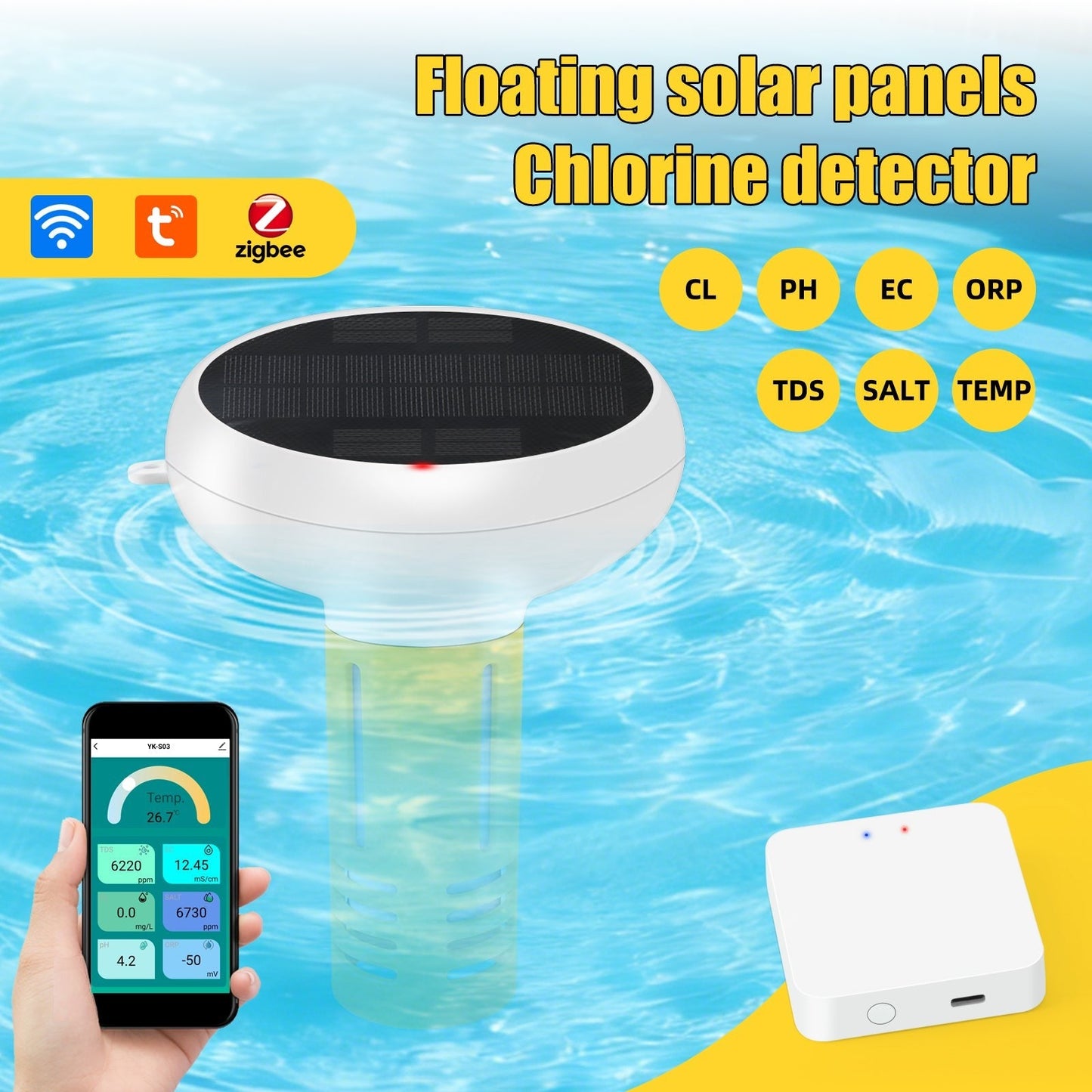 Solar-powered GETDECO Zigbee smart pool water quality monitor displaying pH, chlorine, ORP, salinity, EC, TDS, and temperature readings.