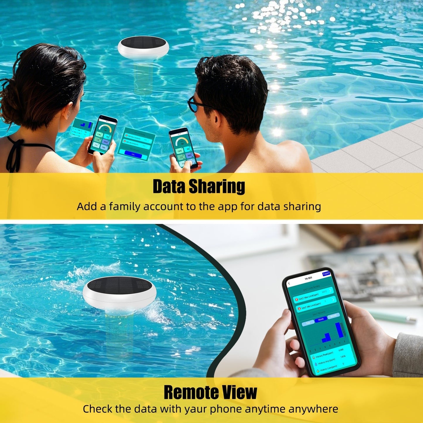 Solar-powered GETDECO Zigbee smart pool water quality monitor showing pH, chlorine, ORP, salinity, EC, TDS, and temperature readings.