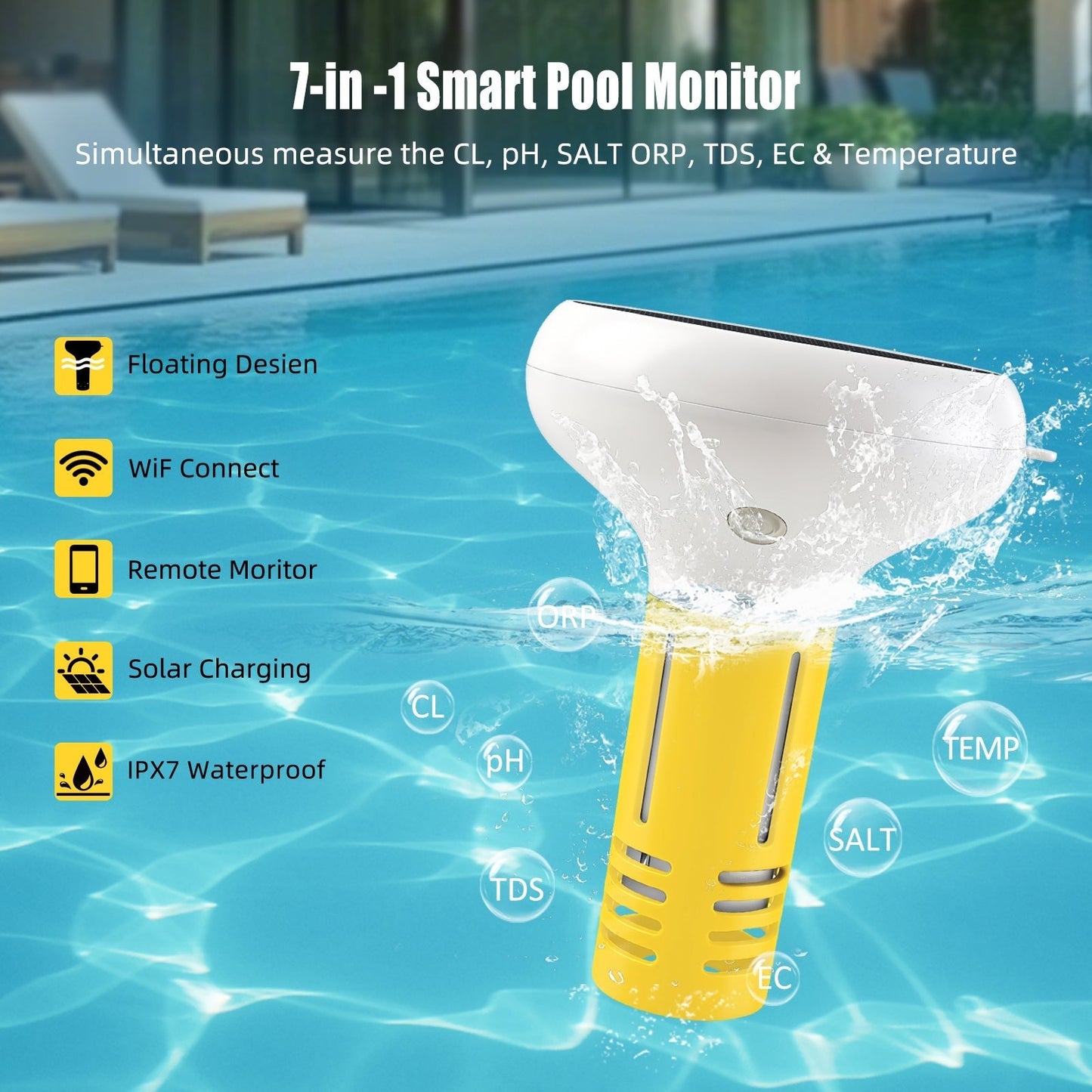 Solar-powered GETDECO Zigbee pool water quality tester showing pH, chlorine, ORP, salinity, EC, TDS, and temperature readings.
