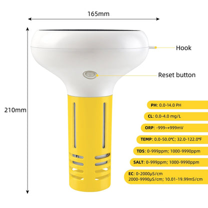 Solar-powered GETDECO Zigbee 7-in-1 smart pool water quality monitor floating device showing pH, chlorine, ORP, salinity, EC, TDS, and temperature.