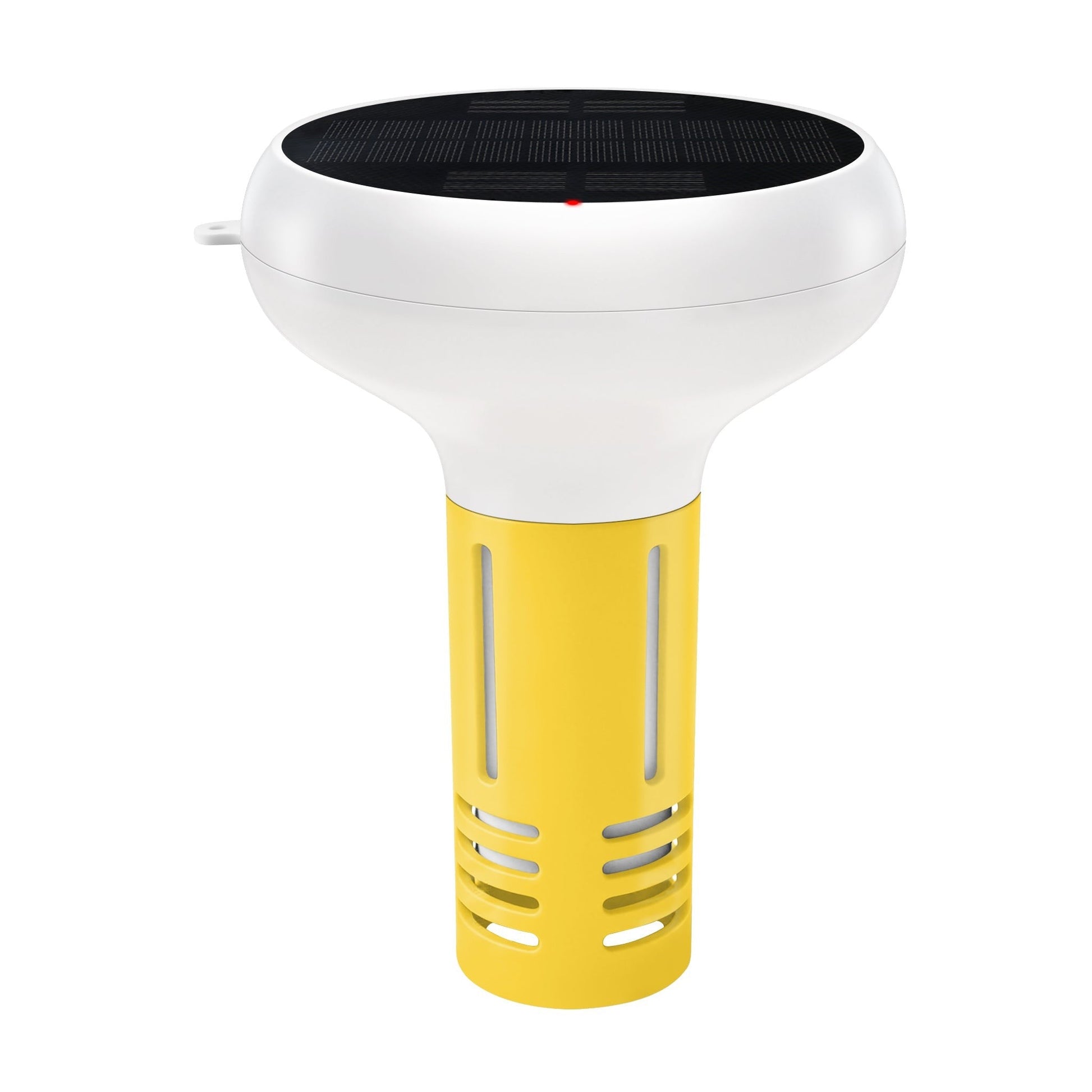 GETDECO solar-powered Zigbee pool water quality monitor displaying pH, chlorine, ORP, salinity, EC, TDS, and temperature readings.