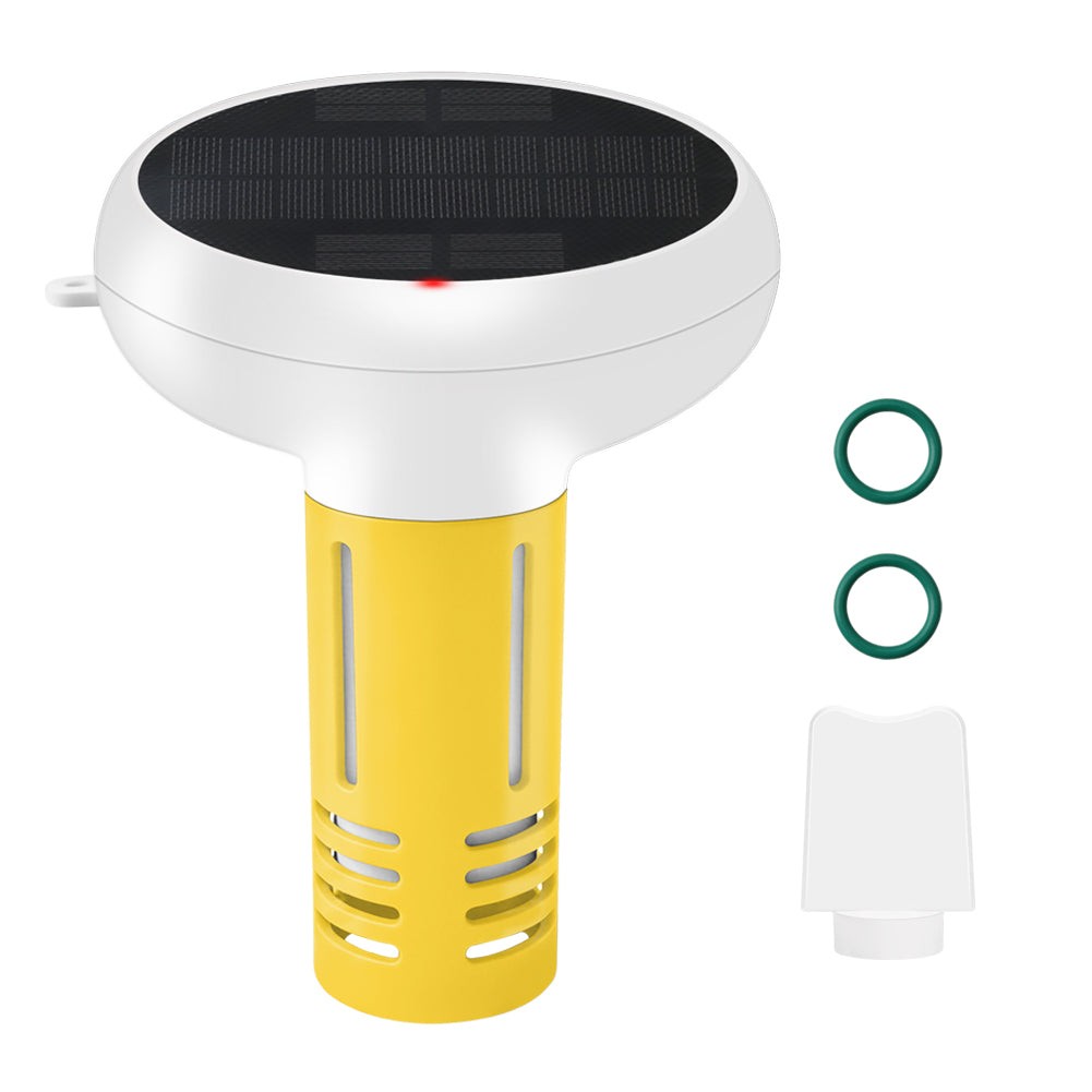 Smart GETDECO solar-powered Zigbee pool water quality monitor displaying pH, chlorine, ORP, salinity, EC, TDS, and temperature readings.