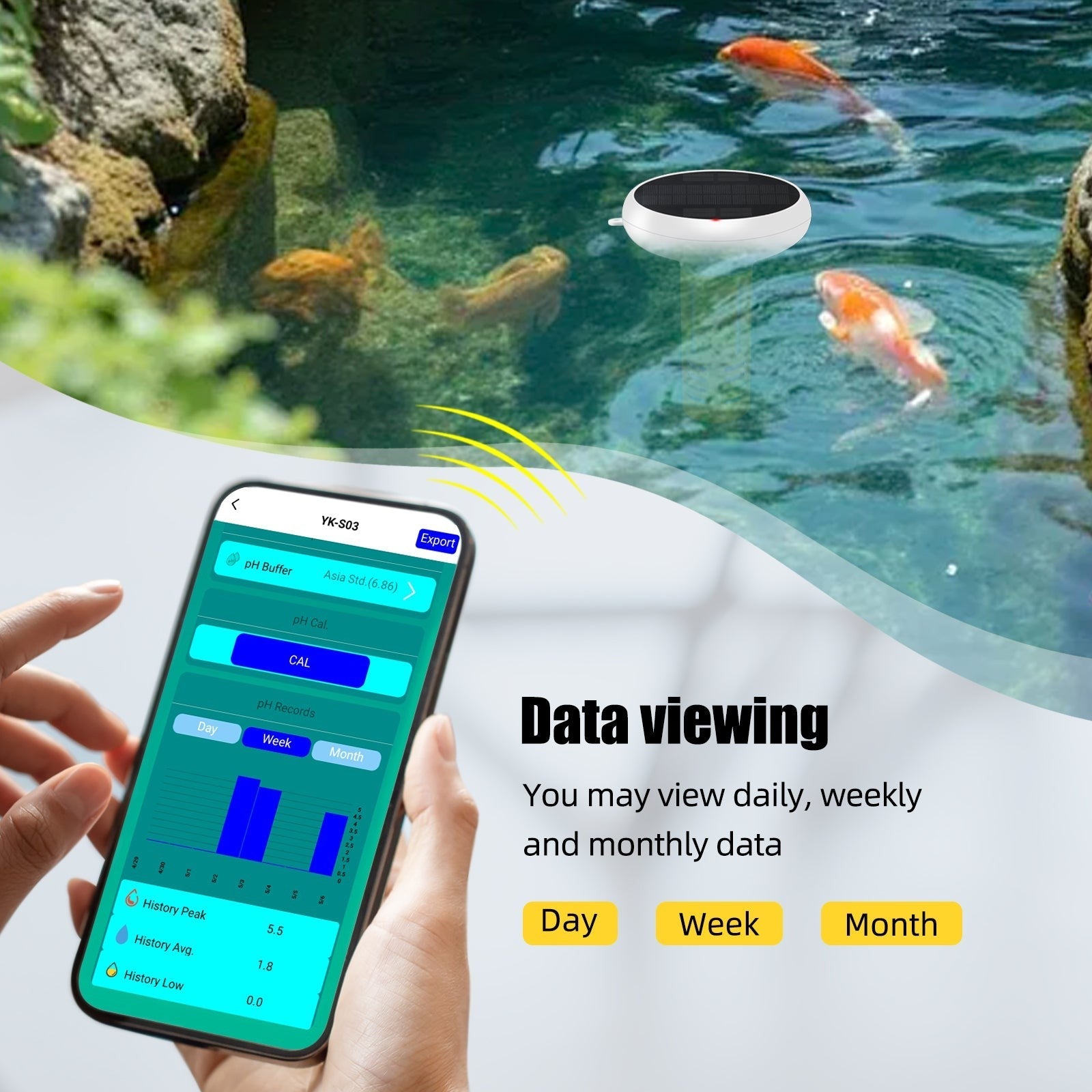Solar-powered GETDECO Zigbee smart pool water quality monitor displaying pH, chlorine, ORP, salinity, EC, TDS, and temperature readings.