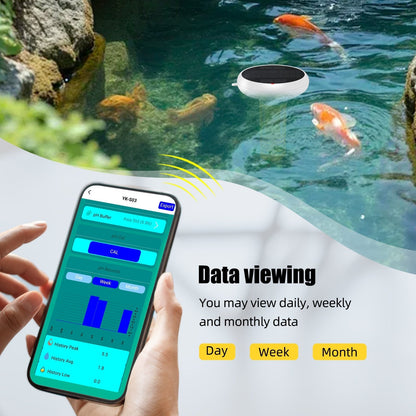 Solar-powered GETDECO Zigbee smart pool water quality monitor displaying pH, chlorine, ORP, salinity, EC, TDS, and temperature readings.