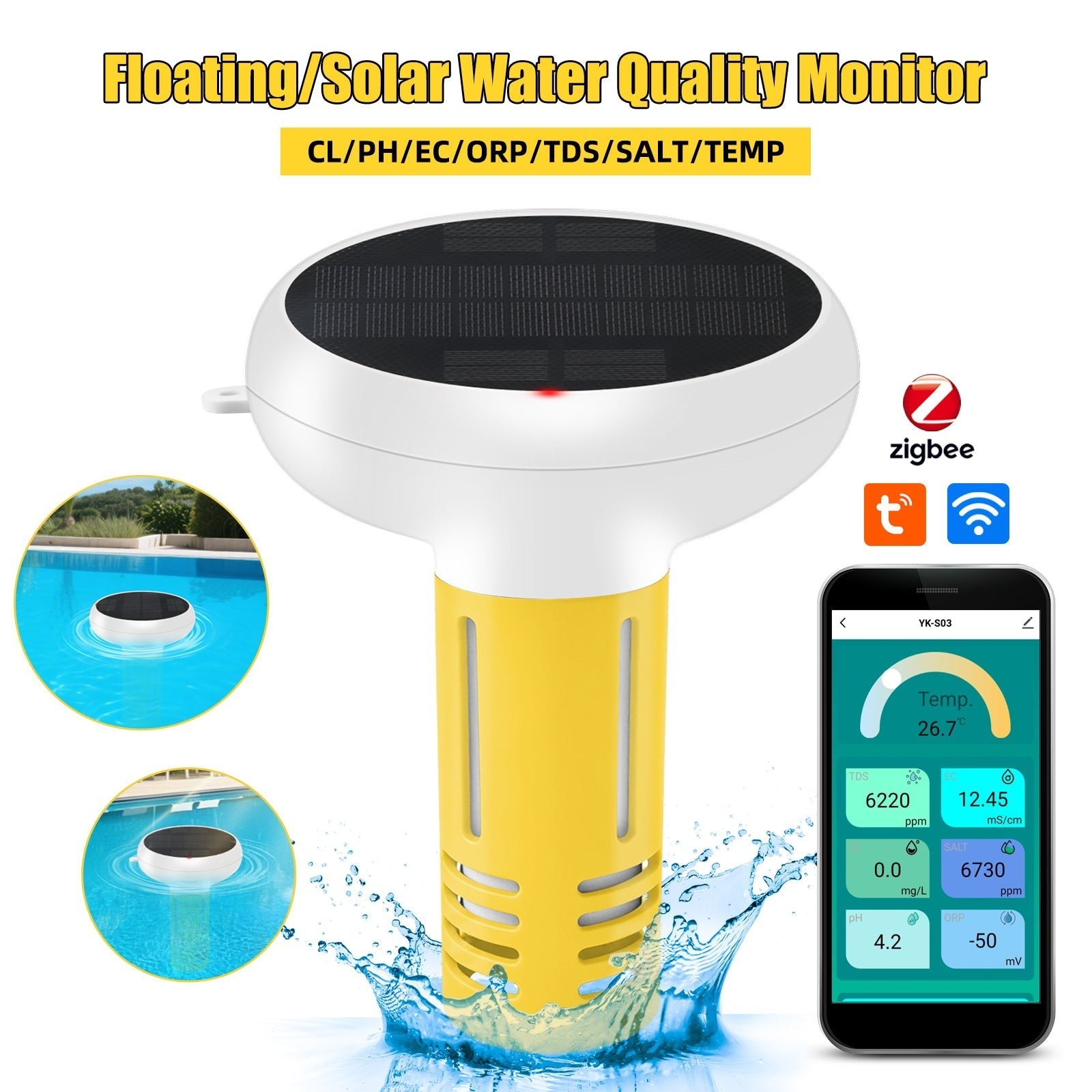 GETDECO solar-powered Zigbee smart pool water quality monitor displaying pH, chlorine, ORP, salinity, EC, TDS, and temperature readings