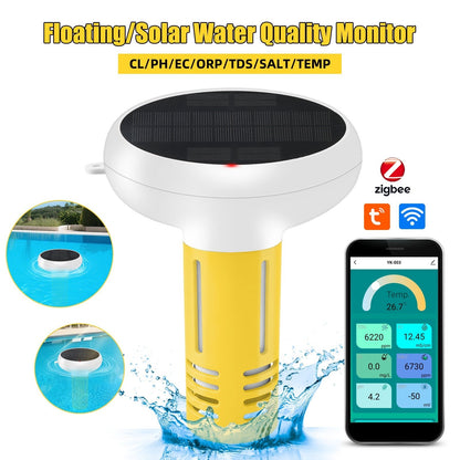 GETDECO solar-powered Zigbee smart pool water quality monitor displaying pH, chlorine, ORP, salinity, EC, TDS, and temperature readings
