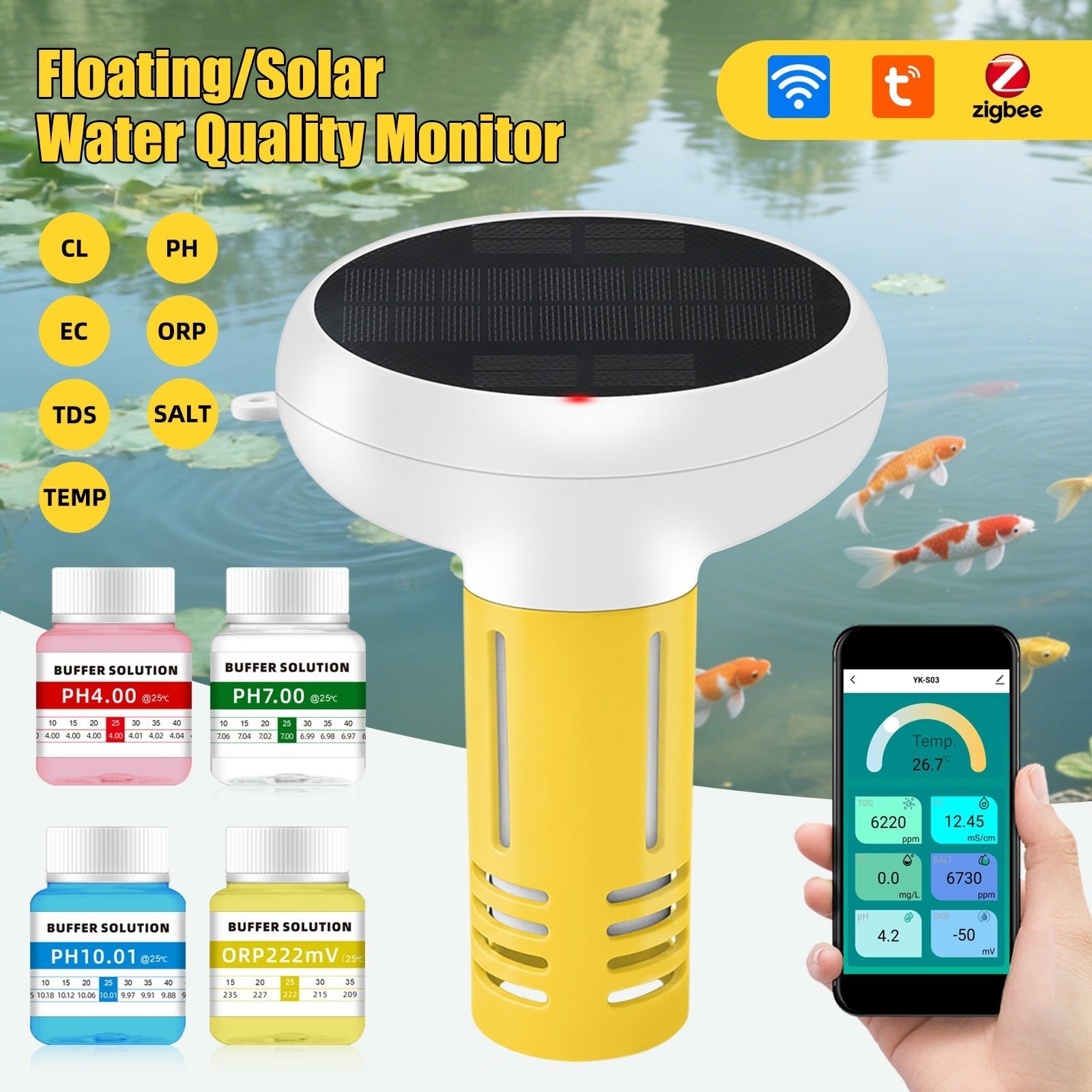 GETDECO solar-powered Zigbee pool water quality monitor displaying pH, chlorine, ORP, salinity, EC, TDS, and temperature readings