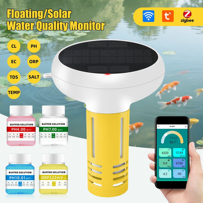 GETDECO solar-powered Zigbee pool water quality monitor displaying pH, chlorine, ORP, salinity, EC, TDS, and temperature readings