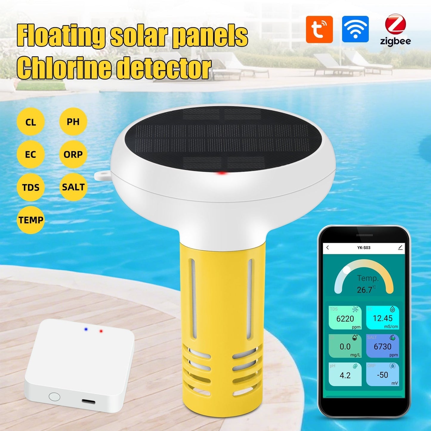 GETDECO solar-powered Zigbee pool water quality monitor displaying pH, chlorine, ORP, salinity, EC, TDS, and temperature readings.