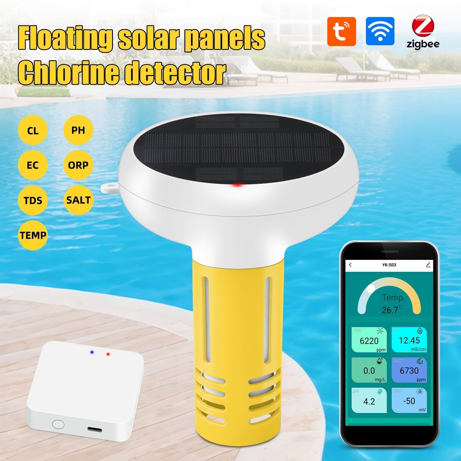 GETDECO solar-powered Zigbee pool water quality monitor displaying pH, chlorine, ORP, salinity, EC, TDS, and temperature readings.