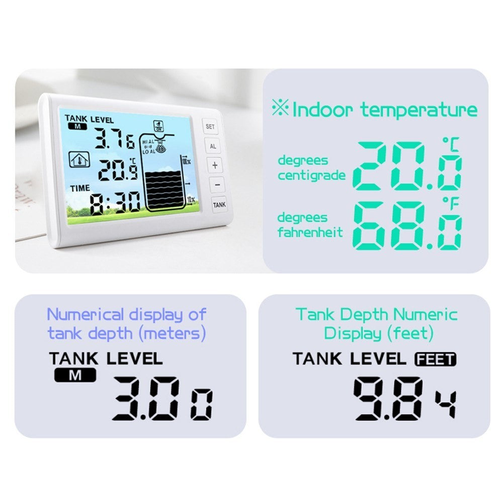 Solar-powered wireless ultrasonic water level monitor by GETDECO with high/low alarm and IP65 waterproof indicator gauge.