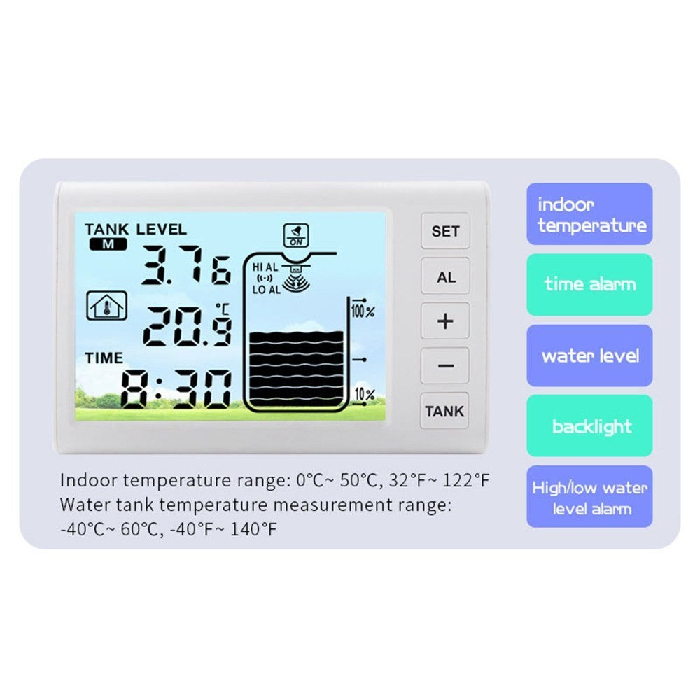 Solar-powered wireless ultrasonic water level monitor by GETDECO with high/low alarm and IP65 waterproof indicator gauge.
