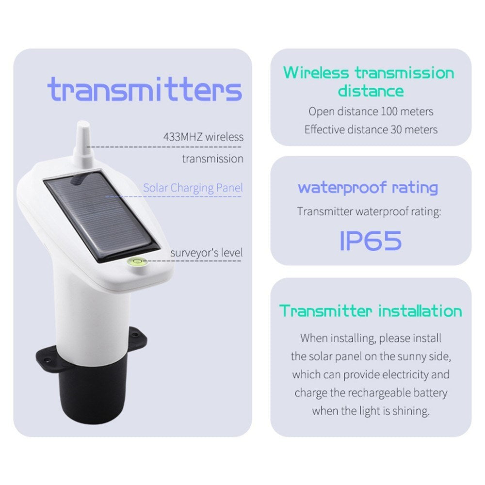 Solar-powered wireless ultrasonic water level monitor by GETDECO with high/low alarm and waterproof IP65 gauge.