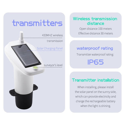Solar-powered wireless ultrasonic water level monitor by GETDECO with high/low alarm and waterproof IP65 gauge.